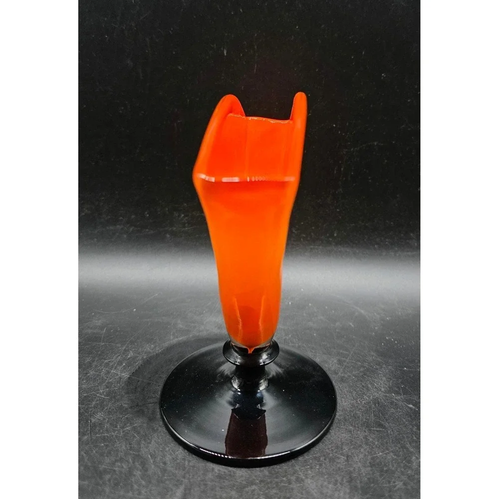 Orange Art Glass Fan Vase Black Pedestal Base Mid Century Modern Style‎ Decor 5
